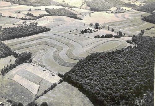 Aerial view of Burt deWald farm in Lycoming County showing use of contour plowing