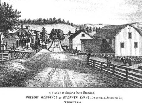 Drawing of a farm utilizing a stone and wood fence