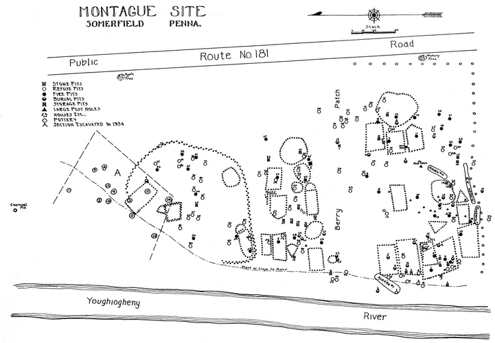 Montague site map illustrating pit features, recovered artifacts, and proximity to Youghiogheny River