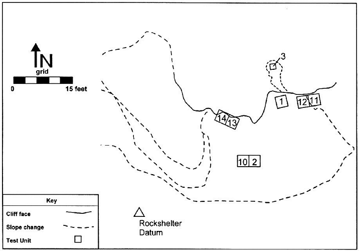 Location of Phase II test units excavated at the Martz Rock Shelter in 1994 and 1995.