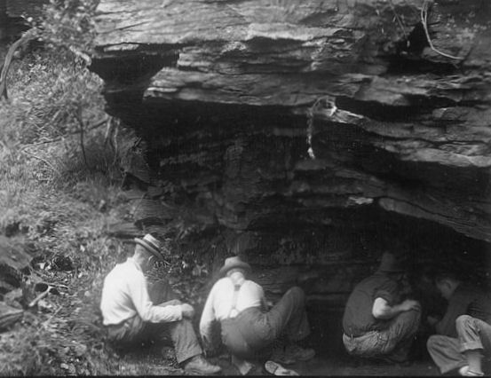 WPA field crew in 1938 excavates under the overhang at Martz Rock Shelter No. 2