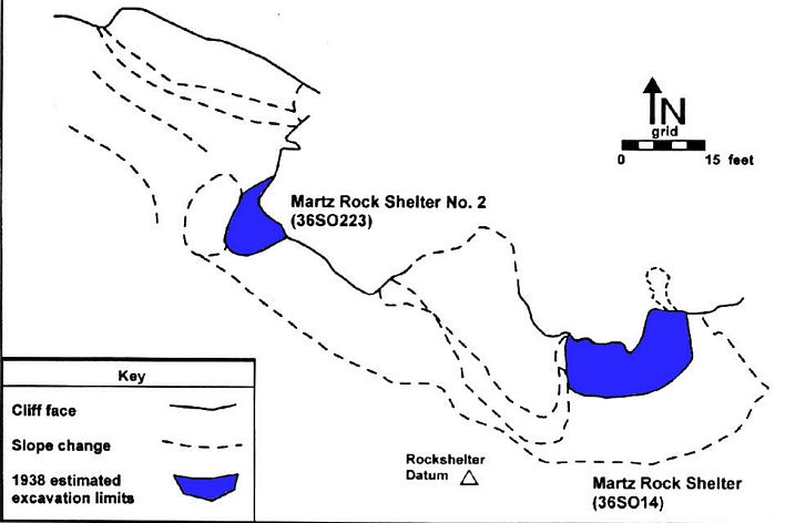Estimated limits of 1938 WPA excavations at the Martz Rock Shelter and Martz Rock Shelter No. 2.