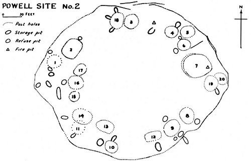 Powell 2 site map illustrating a round village pattern with many buildings along the pallisade wall.