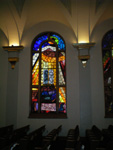 Stained glass window of stone tablets at Kesher Zion