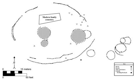 Map of Gower showing the two possible components. Gower I consists of the shaded dwellings surrounded by a palisade and Gower II is the semi-circular arc of unshaded dwellings.