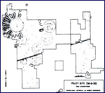 Drawing of postmold patterns at the Foley Farm site, showing a petal house.