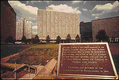 Bastions of Historic Fort Pitt are marked by a plaque in the Gateway Center Area of Downtown Pittsburgh (1974). Photo Courtesy of the U.S. National Archives