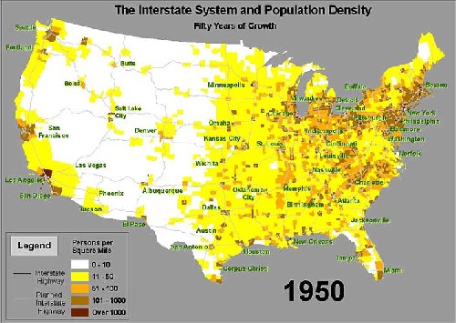 Map of the 1950 Interstate System and Population Density 