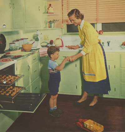 Image of a boy and his mom in a 1950s kitchen